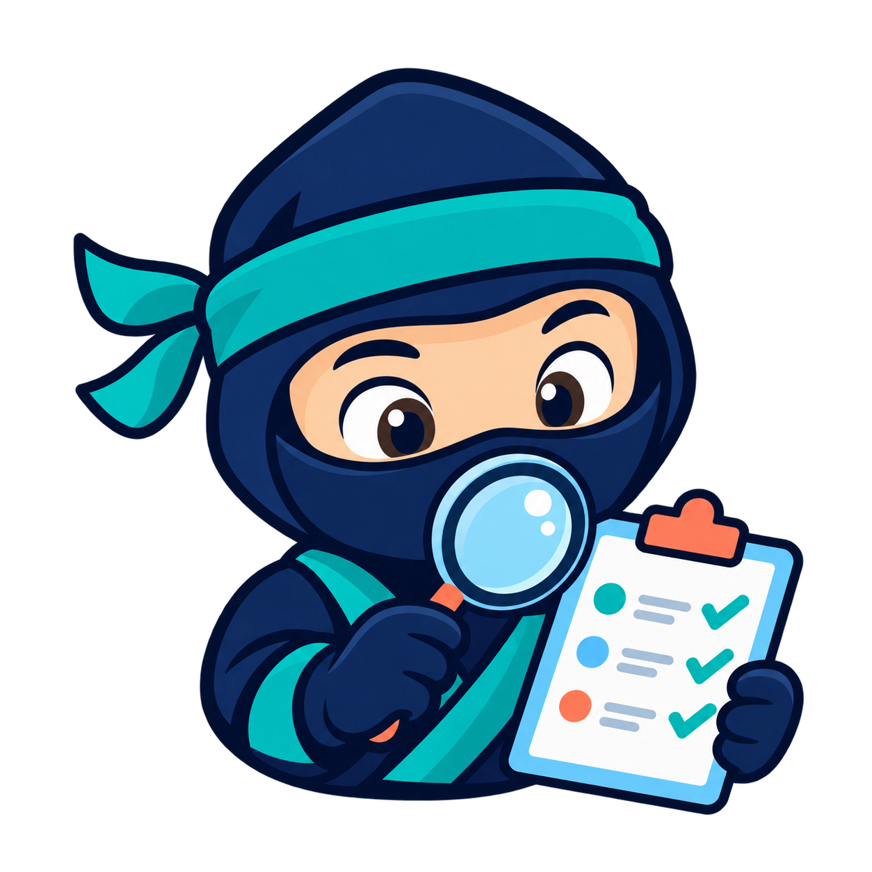 A friendly ninja inspecting a research checklist with a magnifying glass